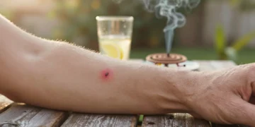 Picadura de insecto en antebrazo humano bronceado, con enrojecimiento e inflamación, sobre mesa de madera en jardín de verano