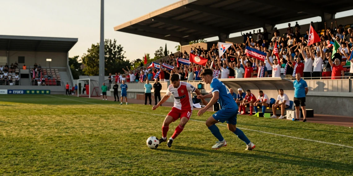 Dos futbolistas disputan un balón en un partido de pretemporada europea bajo la luz dorada de una tarde de julio