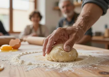 Manos expertas presionando una bola de masa de pasta fresca sobre mesa de madera rústica en taller artesanal en Valencia