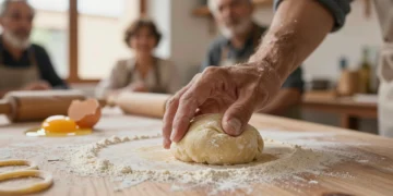 Manos expertas presionando una bola de masa de pasta fresca sobre mesa de madera rústica en taller artesanal en Valencia