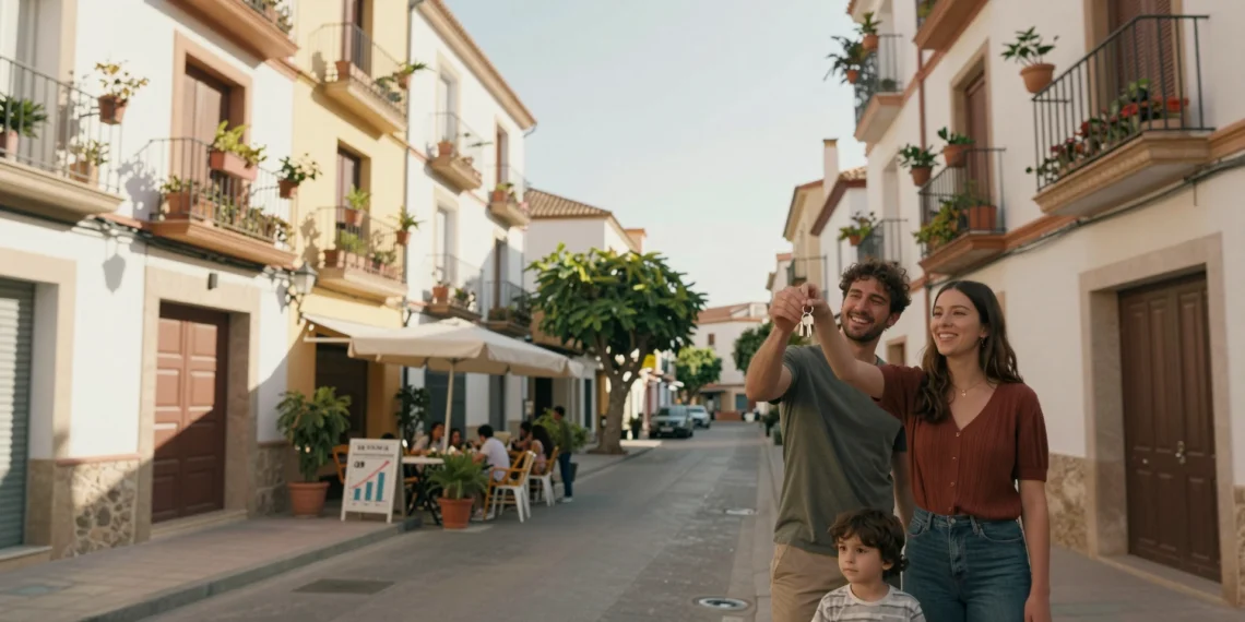 Familia joven con llaves de su piso en calle soleada de Murcia, ejemplo de vivienda asequible frente a Madrid y Barcelona
