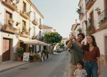 Familia joven con llaves de su piso en calle soleada de Murcia, ejemplo de vivienda asequible frente a Madrid y Barcelona