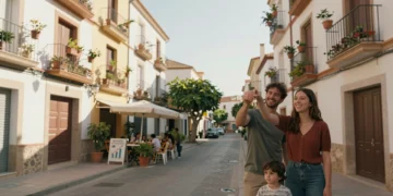 Familia joven con llaves de su piso en calle soleada de Murcia, ejemplo de vivienda asequible frente a Madrid y Barcelona