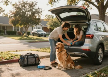 Familia joven cargando el coche con su golden retriever y accesorios de viaje en una mañana soleada