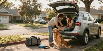 Familia joven cargando el coche con su golden retriever y accesorios de viaje en una mañana soleada