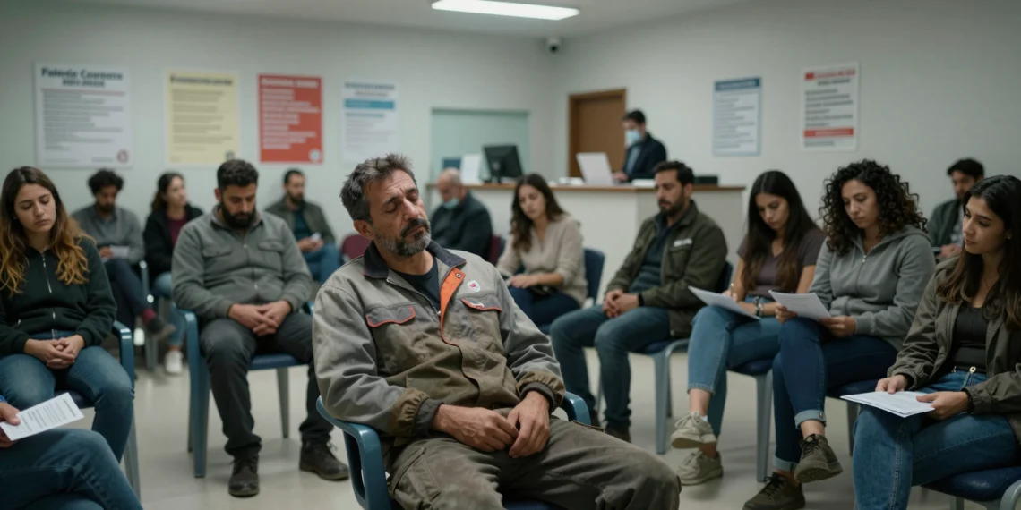 Trabajador agotado en sala de espera de centro de salud público español, rodeado de pacientes bajo luz fluorescente fría