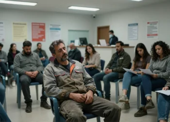 Trabajador agotado en sala de espera de centro de salud público español, rodeado de pacientes bajo luz fluorescente fría