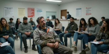 Trabajador agotado en sala de espera de centro de salud público español, rodeado de pacientes bajo luz fluorescente fría
