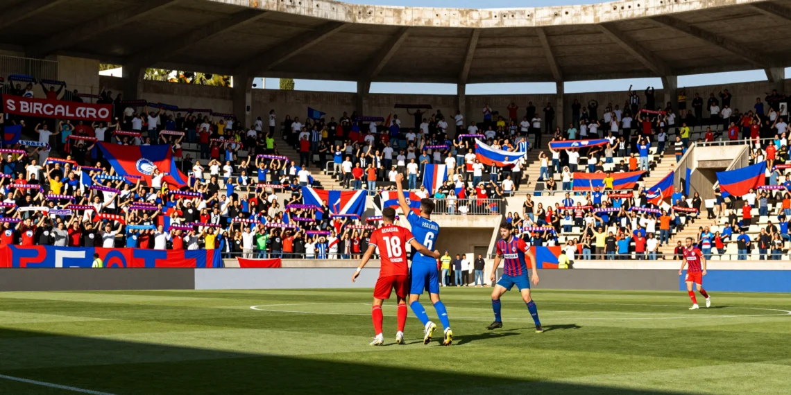 Derbi regional murciano en Primera Federación: dos jugadores disputan un balón aéreo ante una grada repleta de aficionados