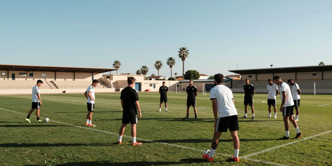 Jugadores del CD Castellón con equipación blanquinegra calientan en el entrenamiento de pretemporada bajo el sol mediterráneo