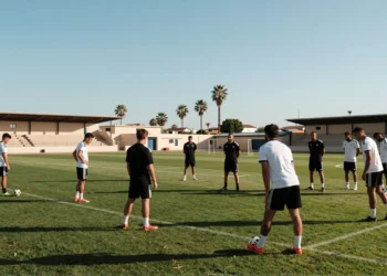 Jugadores del CD Castellón con equipación blanquinegra calientan en el entrenamiento de pretemporada bajo el sol mediterráneo