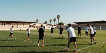 Jugadores del CD Castellón con equipación blanquinegra calientan en el entrenamiento de pretemporada bajo el sol mediterráneo