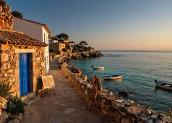 Casa de pescador con puerta azul cobalto en acantilado mediterráneo al atardecer, caballete abandonado junto al mar