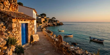 Casa de pescador con puerta azul cobalto en acantilado mediterráneo al atardecer, caballete abandonado junto al mar