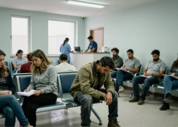 Trabajador agotado en sala de espera de centro de salud público en España, rodeado de pacientes esperando atención médica