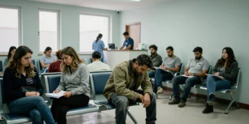 Trabajador agotado en sala de espera de centro de salud público en España, rodeado de pacientes esperando atención médica