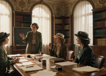 Mujeres intelectuales de los años 20-30 debaten en un salón madrileño de época, rodeadas de libros y manuscritos