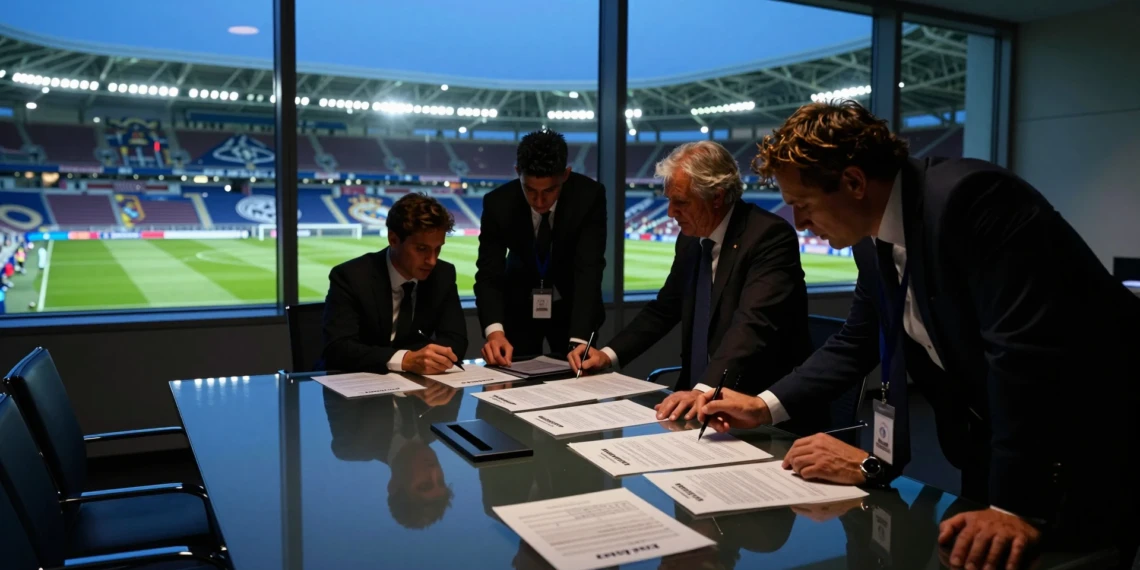Negociación de fichajes millonarios en sala de reuniones con estadio iluminado al fondo, mercado 2026