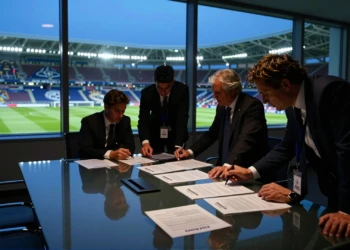 Negociación de fichajes millonarios en sala de reuniones con estadio iluminado al fondo, mercado 2026