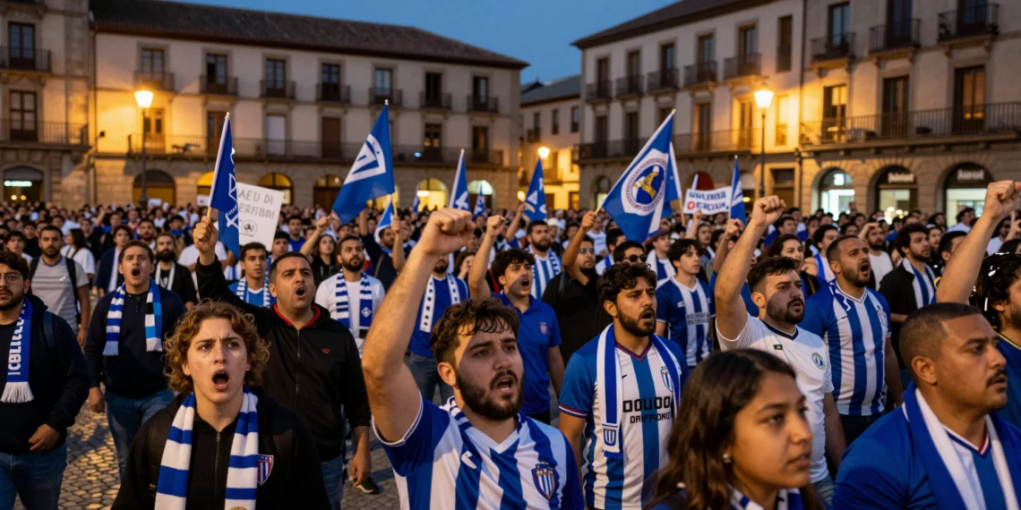 Aficionados del Deportivo de La Coruña protestan en plaza histórica con bufandas y pancartas azules y blancas