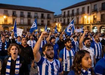 Aficionados del Deportivo de La Coruña protestan en plaza histórica con bufandas y pancartas azules y blancas