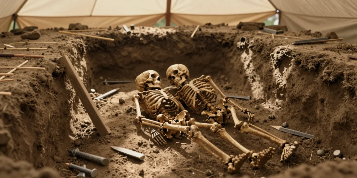 Dos esqueletos neolíticos de 5.000 años hallados en abrazo en una excavación arqueológica sobre suelo oscuro