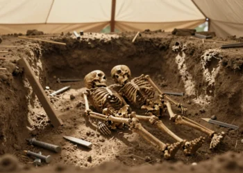 Dos esqueletos neolíticos de 5.000 años hallados en abrazo en una excavación arqueológica sobre suelo oscuro