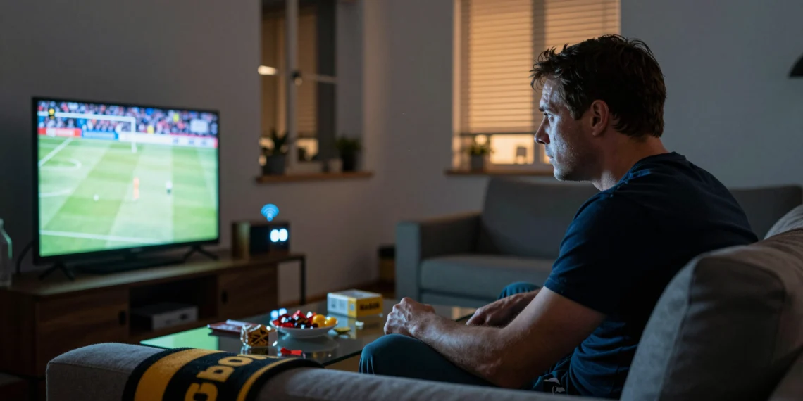 Hombre viendo un partido de fútbol en televisión junto a una radio FM analógica, ilustrando la latencia en TDT y streaming