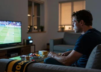 Hombre viendo un partido de fútbol en televisión junto a una radio FM analógica, ilustrando la latencia en TDT y streaming