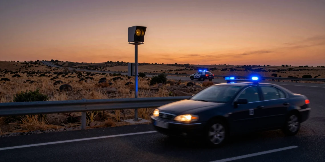 Radar de velocidad de la DGT en carretera de Huelva capta a un vehículo a 218 km/h con coche de la Guardia Civil al fondo