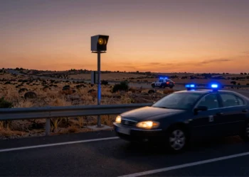 Radar de velocidad de la DGT en carretera de Huelva capta a un vehículo a 218 km/h con coche de la Guardia Civil al fondo