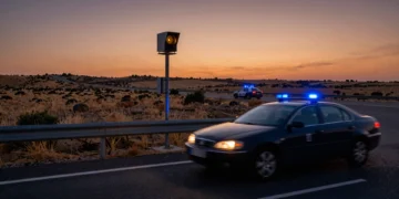 Radar de velocidad de la DGT en carretera de Huelva capta a un vehículo a 218 km/h con coche de la Guardia Civil al fondo