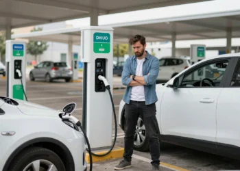 Conductor frustrado junto a su coche eléctrico en una estación de carga pública bloqueada por un vehículo sin enchufar