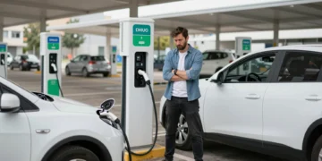 Conductor frustrado junto a su coche eléctrico en una estación de carga pública bloqueada por un vehículo sin enchufar