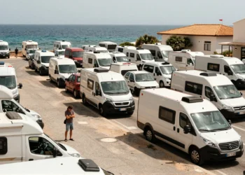 Aparcamiento costero español colapsado por autocaravanas y furgonetas camper en verano