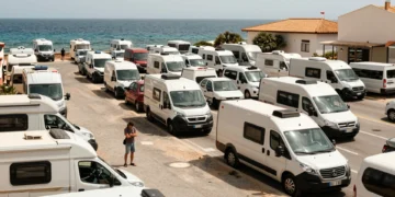 Aparcamiento costero español colapsado por autocaravanas y furgonetas camper en verano
