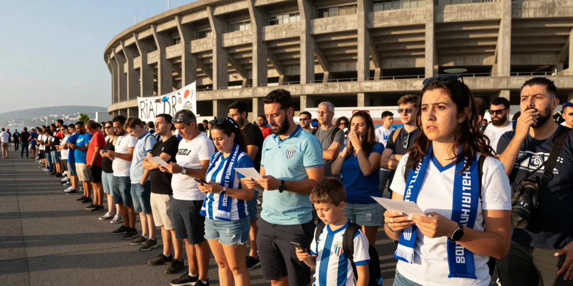 Aficionados del Deportivo haciendo cola frente a la fachada del estadio de Riazor con bufandas azul y blancas