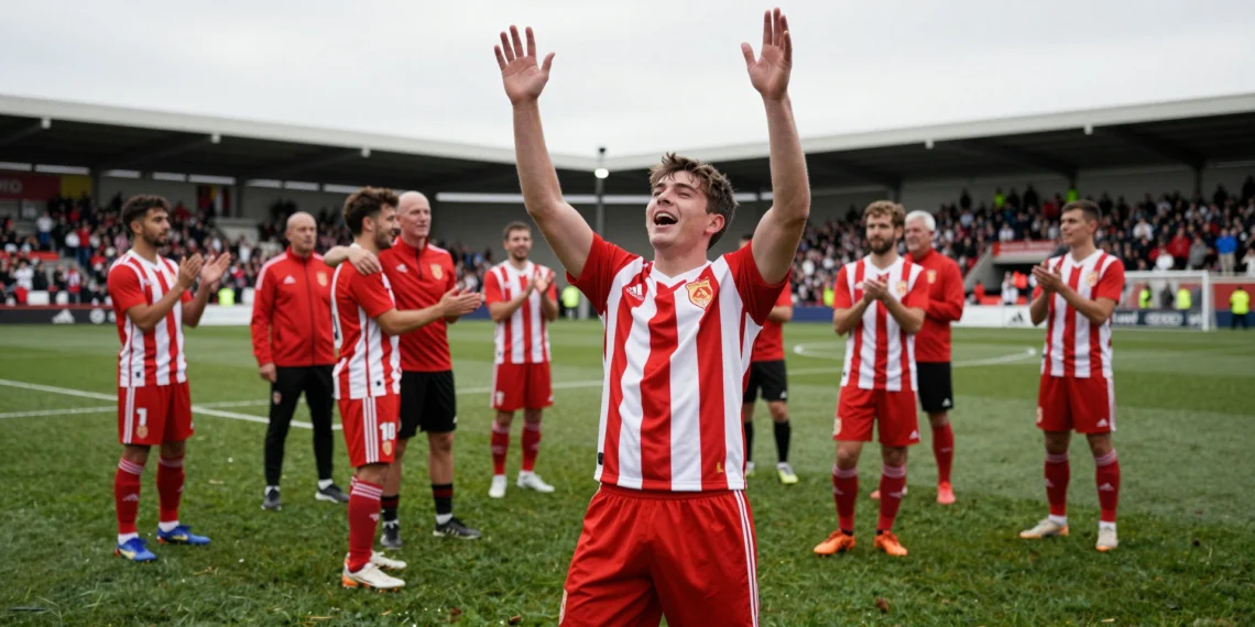 Joven con discapacidad intelectual celebra un gol con compañeros en el césped del estadio del Sporting de Gijón