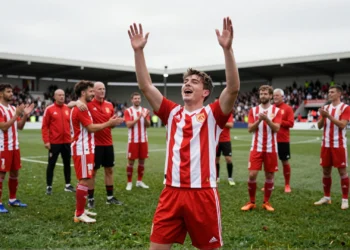 Joven con discapacidad intelectual celebra un gol con compañeros en el césped del estadio del Sporting de Gijón