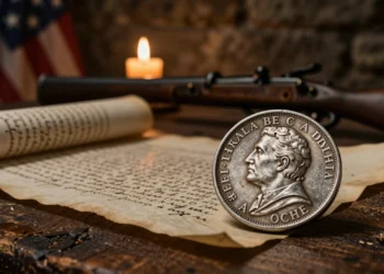 Moneda española 'real de a ocho' sobre madera rústica con pergamino colonial, evocando los orígenes del dólar