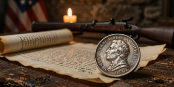 Moneda española 'real de a ocho' sobre madera rústica con pergamino colonial, evocando los orígenes del dólar