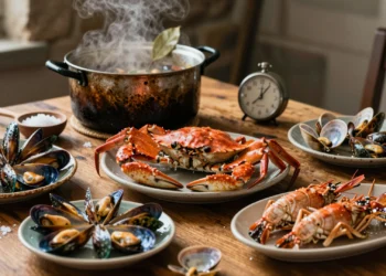 Mariscada gallega tradicional con centolla, percebes, mejillones, nécoras y almejas sobre mesa de madera rústica