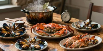 Mariscada gallega tradicional con centolla, percebes, mejillones, nécoras y almejas sobre mesa de madera rústica