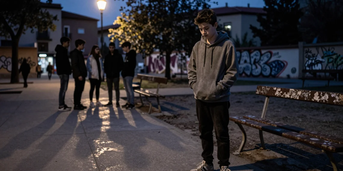 Joven adolescente solo al anochecer en un parque urbano de Madrid, con grupo de mayores al fondo bajo una farola
