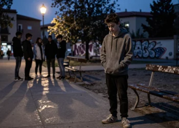 Joven adolescente solo al anochecer en un parque urbano de Madrid, con grupo de mayores al fondo bajo una farola
