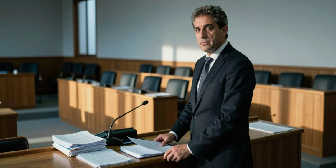 Político del PP en el salón de plenos de Alboraya ante un atril con documentos, con mirada determinada