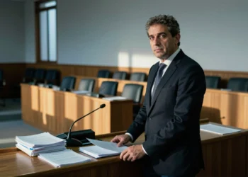 Político del PP en el salón de plenos de Alboraya ante un atril con documentos, con mirada determinada