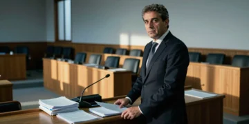 Político del PP en el salón de plenos de Alboraya ante un atril con documentos, con mirada determinada