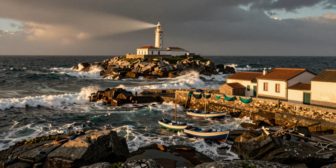 Costa da Morte en verano: faro blanco sobre acantilados de granito con pueblo pesquero y océano Atlántico al atardecer