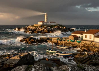 Costa da Morte en verano: faro blanco sobre acantilados de granito con pueblo pesquero y océano Atlántico al atardecer